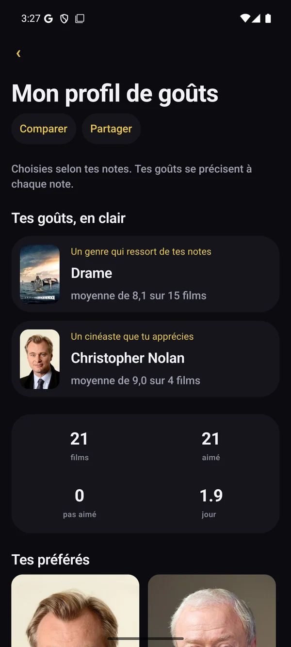 Les genres, acteurs et cinéastes que tu aimes.